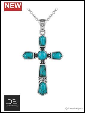 Genuine Turquoise 925 Sterling Silver Cross Pendant Necklace